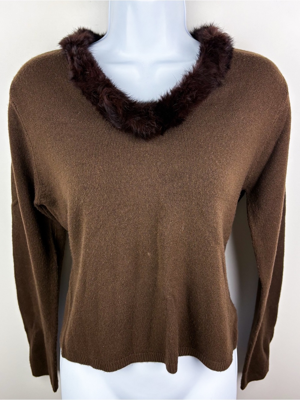 Y2K Rabbit Fur Collar Vintage V Neck Sweater Diva Glam Fran Fine Nanny Brown